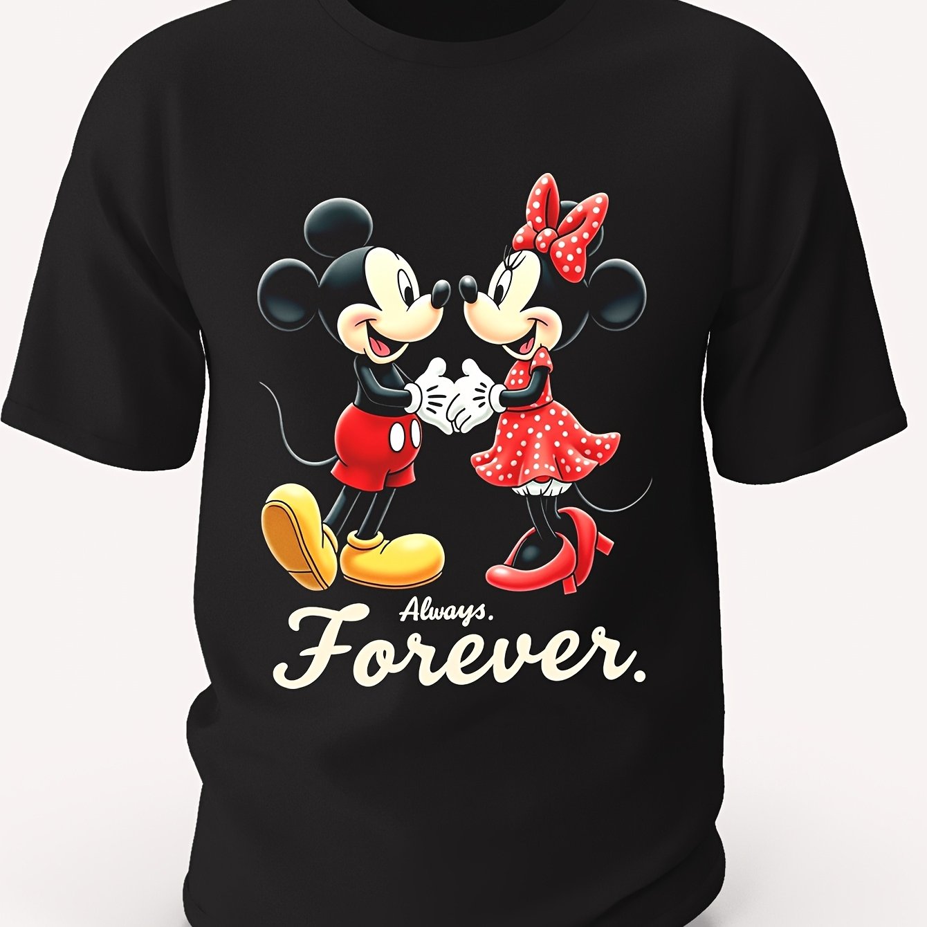 Mickey and Minnie Forever" Cotton Graphic T-Shirt for Men - Black Short Sleeve Crew Neck, 100% Cotton, Casual & Sporty Design with Playful Cartoon Characters, All-Season Wear