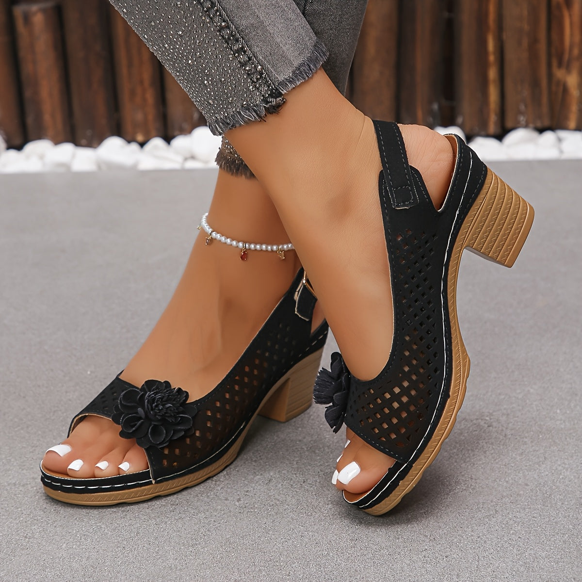 Women's Summer Korean-Inspired Floral Embroidered Sandals - Breathable Mesh Upper, Adjustable Ankle Strap & Hook-and-Loop Closure, Mid-Heel TPR Sole - Yellow & Pink Options for Casual Outings, Stylish Outdoor Footwear, Embell