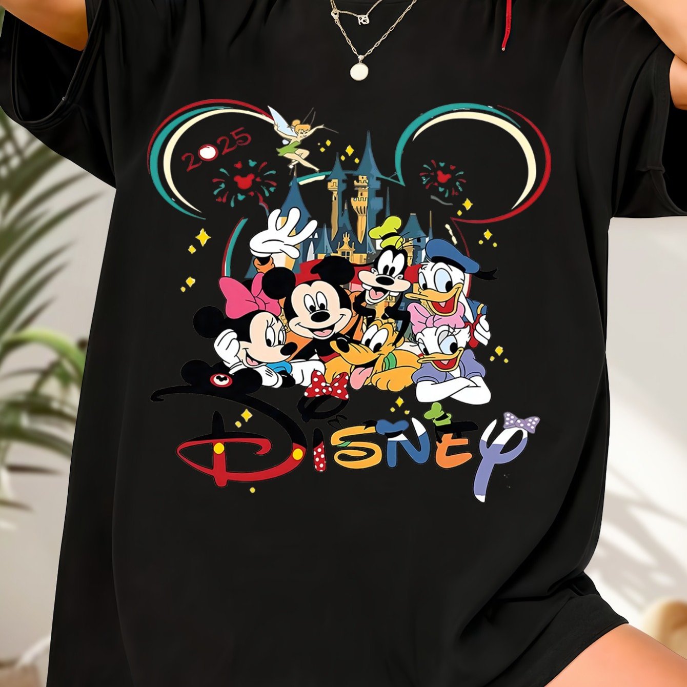 Plus Size, Disney Mickey & Friends 2025 Celebration Women's Plus Size T-Shirt - Soft Cotton Short Sleeve Tee with Cartoon Graphic Print, Fireworks & Cinderella Castle Design, Ideal Birthday Gift for Family & Friends, Casual &