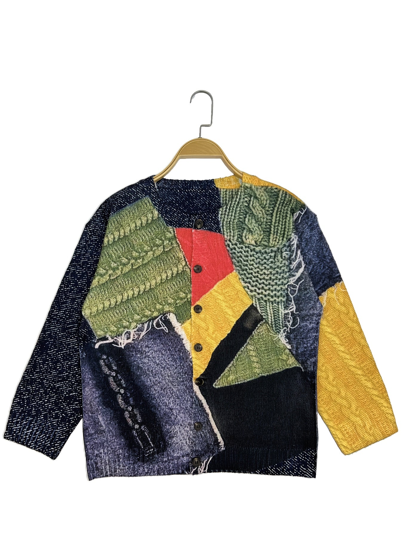 Plus Size, Plus Size Women's Lightweight 280gsm Polyester Cardigan - Casual Long Sleeve Open Front with All-Over Geometric Print, Button Front Placket & Regular Fit for Spring/Fall Layering, Hand Wash Only, Layering Piece, Sp