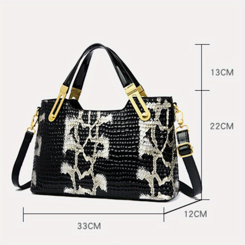 Large Capacity Crocodile Embossed Synthetic Crossbody Bag Black Vintage European American Style Shoulder Bag with Golden Tone Hardware Zipper Closure Polyester Lining
