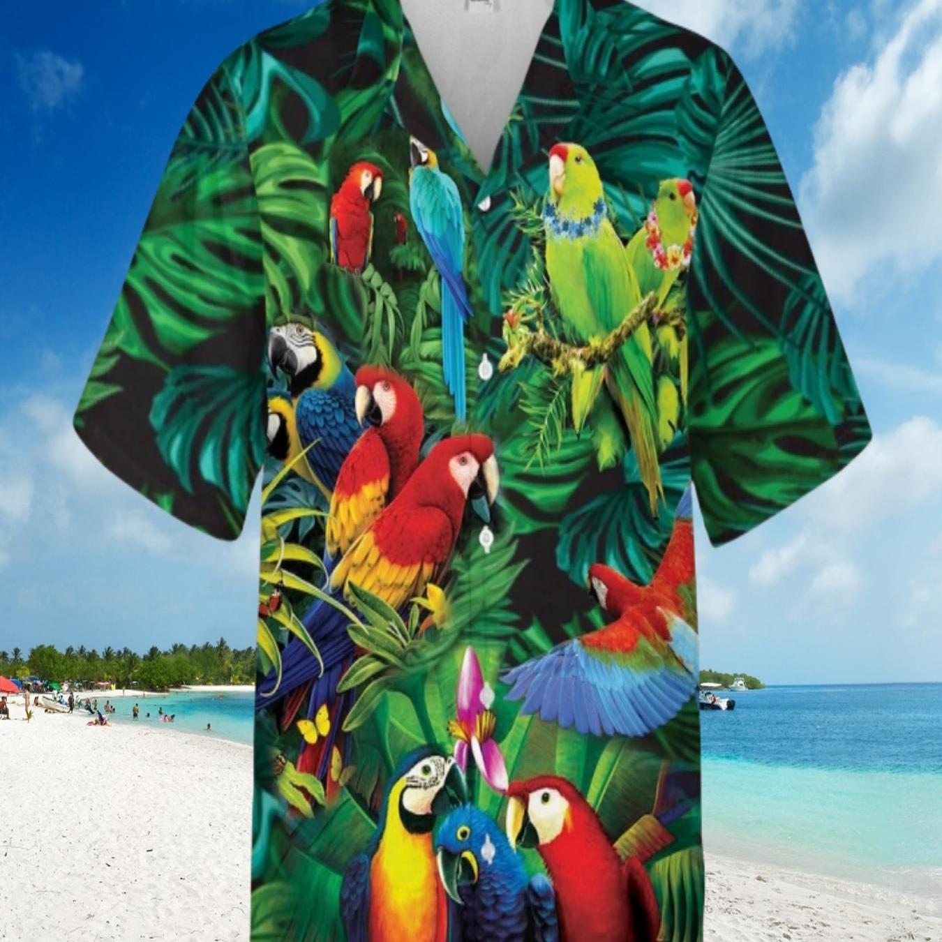 Men's Hawaiian Shirt - Tropical Parrot & Foliage Print, Unisex Loose Fit Short Sleeve Button-Up, Breathable Lightweight Fabric for Beach Vacation & Casual Summer Wear, Machine Washable, Romantic Resort Attire, Semitransparent