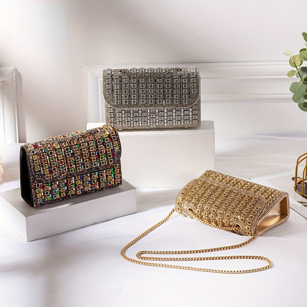 Double-Sided Water Drill Ladies' Evening Clutch - Luxurious Chain, Shiny Handbag Wallet, Stylish Shoulder Bag for Parties, Weddings