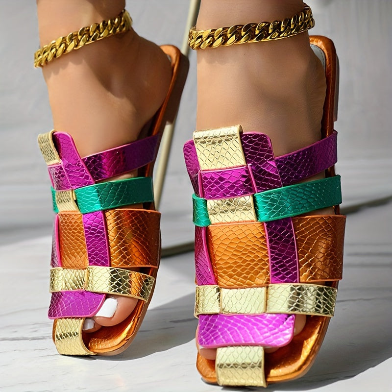 CHICME Women's Color-Block Slip-On Square Toe Sandals - Metallic Golden & Purple Faux Cover Casual Shoes with PU Sole, Flat Comfortable Design for Summer Outings, Ladies Shoes And Sandals, Easy Wear Footwear, Durable Comfort
