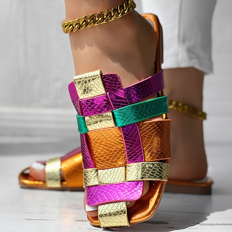 CHICME Women's Color-Block Slip-On Square Toe Sandals - Metallic Golden & Purple Faux Cover Casual Shoes with PU Sole, Flat Comfortable Design for Summer Outings, Ladies Shoes And Sandals, Easy Wear Footwear, Durable Comfort