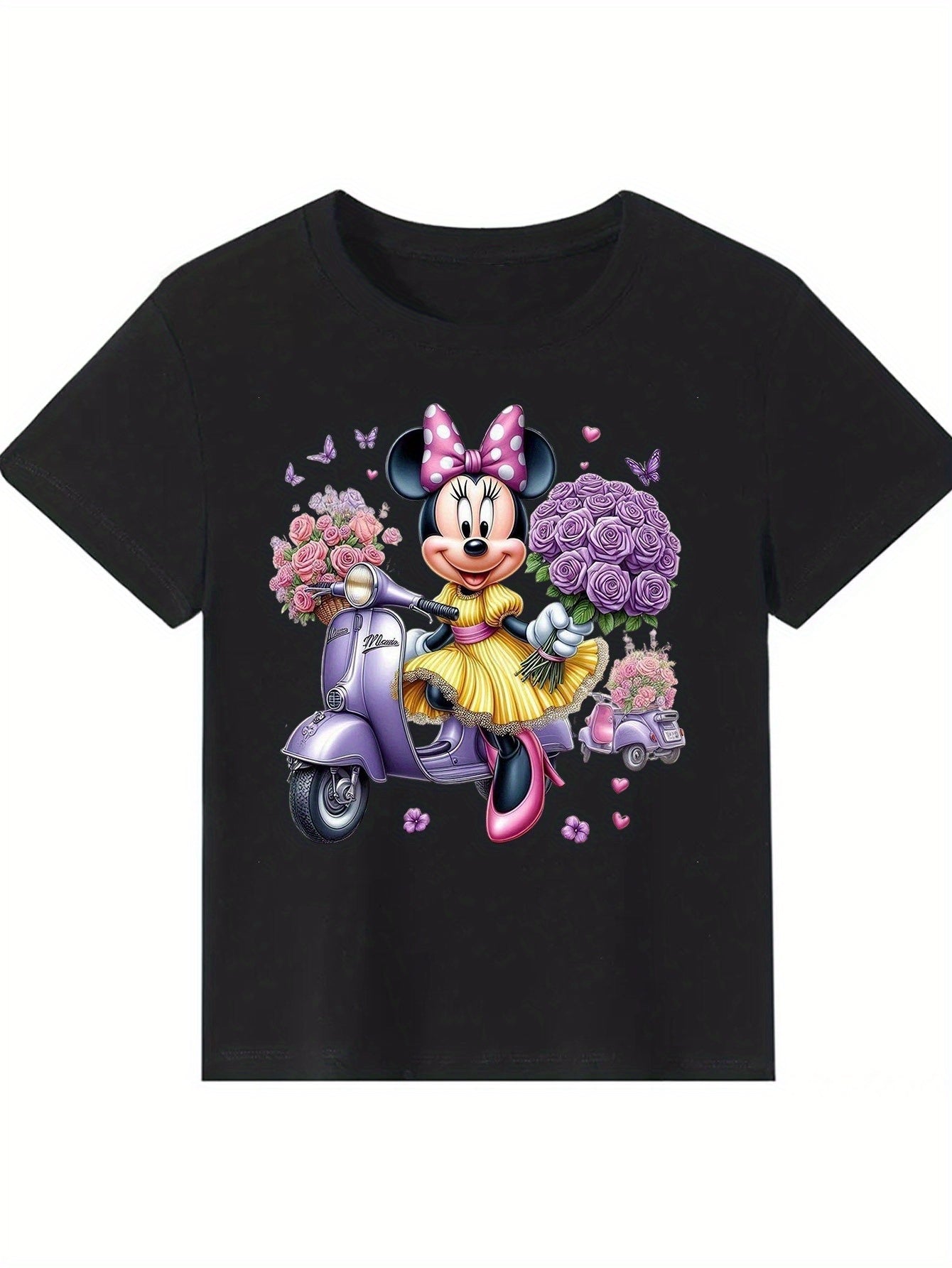 Disney Mickey & Minnie Series Women's Short Sleeve T-Shirt - 100% Cotton Cute Cartoon Print with Purple Scooter, Flowers & Butterflies - All-Season Comfort for Hiking, Date Night, Casual Outfits (S-XXL), Casual Wear Tshirt |