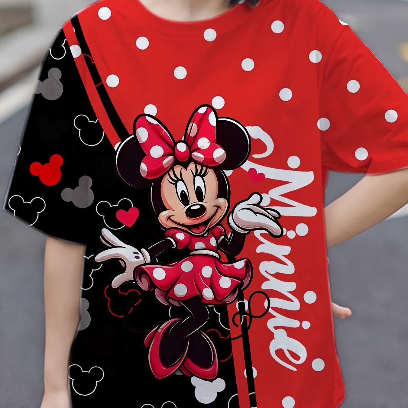 Disney Minnie 3D Pattern Plus Size T-shirt, Minnie 3D Print Short Sleeve Top, Disney Mickey Mouse Plus Size Women'S Clothing