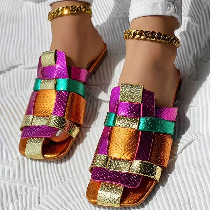 CHICME Women's Color-Block Slip-On Square Toe Sandals - Metallic Golden & Purple Faux Cover Casual Shoes with PU Sole, Flat Comfortable Design for Summer Outings, Ladies Shoes And Sandals, Easy Wear Footwear, Durable Comfort