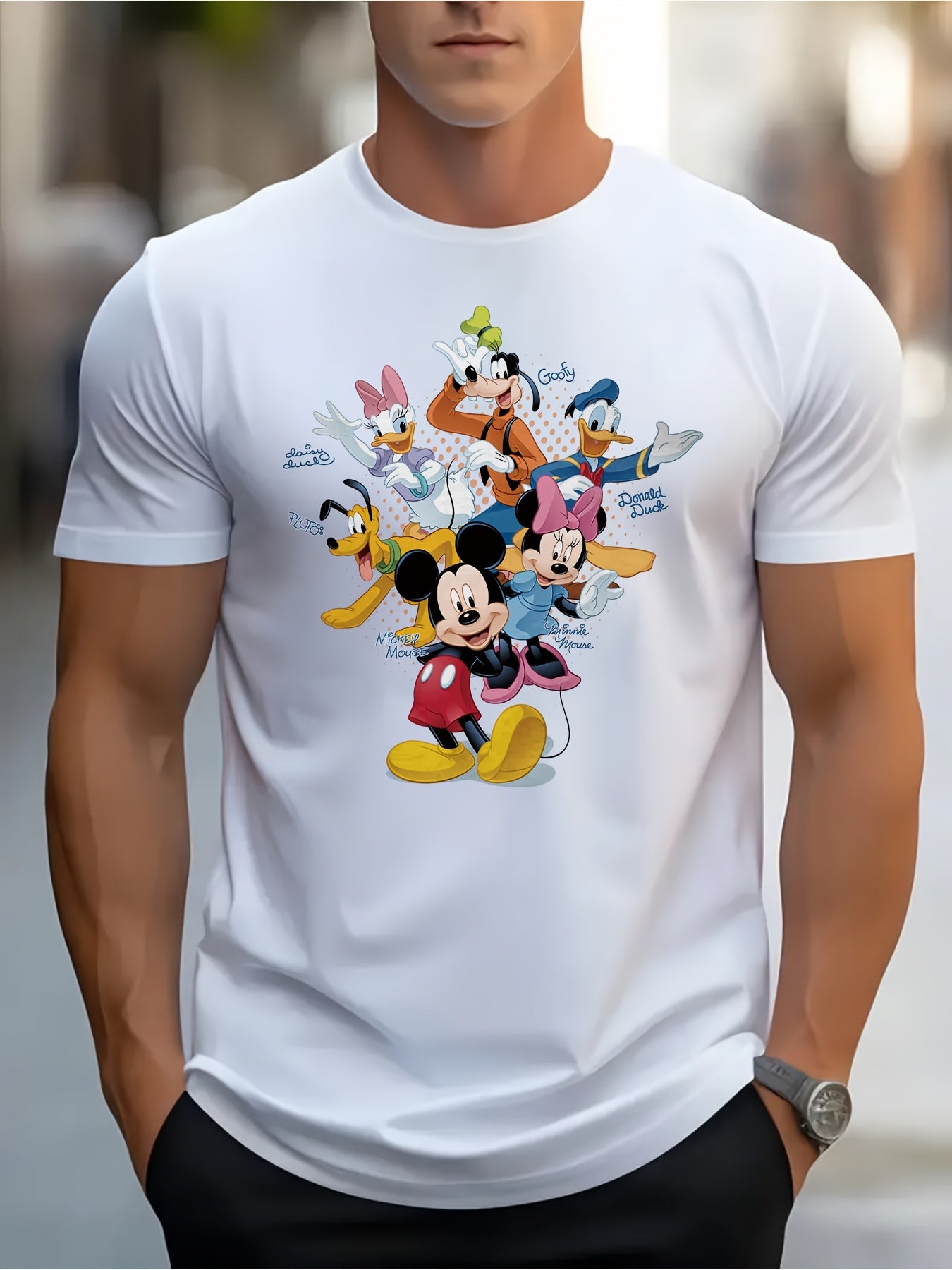 Disney Mickey Mouse & Friends Graphic T-Shirt for Men - 100% Cotton 220gsm Casual Short Sleeve Tee with Vibrant Cartoon Print, Round Neck Regular Fit for Beach Vacations, Family Outings & Birthday Gifts (Disney Fans), Disney