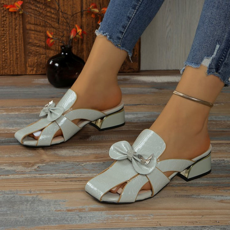 Women'S Summer Butterfly Open-Toe Slide Sandals - Low Heel, Solid Color, Rubber Sole, Faux Cover Upper, Bow Detail, Comfortable & Stylish for Casual Wear, Strappy Sandals