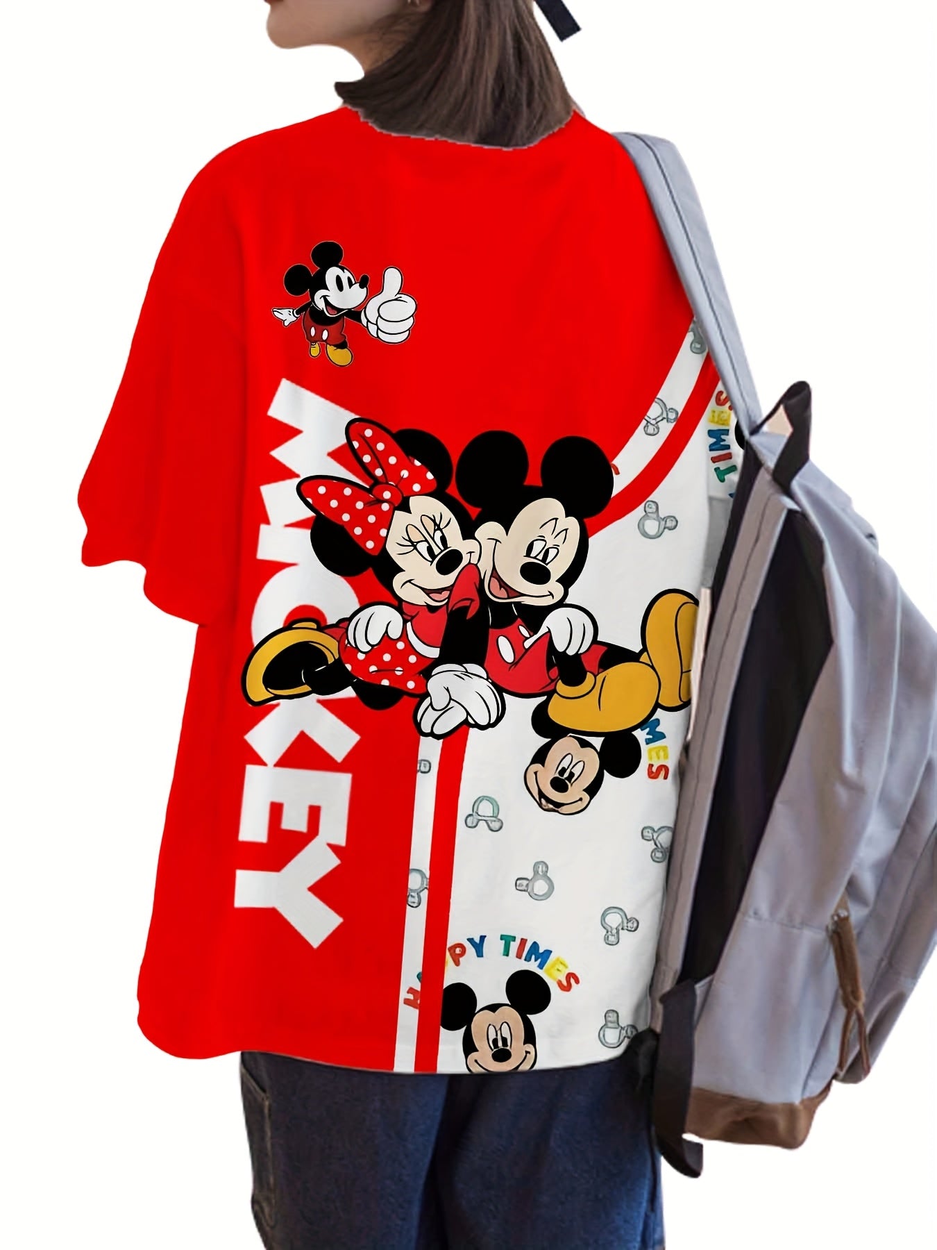 Disney Mickey 3D Printed Large Size T-shirt, Mickey 3D Red And White Stitching Printed Short Sleeves, Disney Mickey Mouse Large Size Women'S Clothing