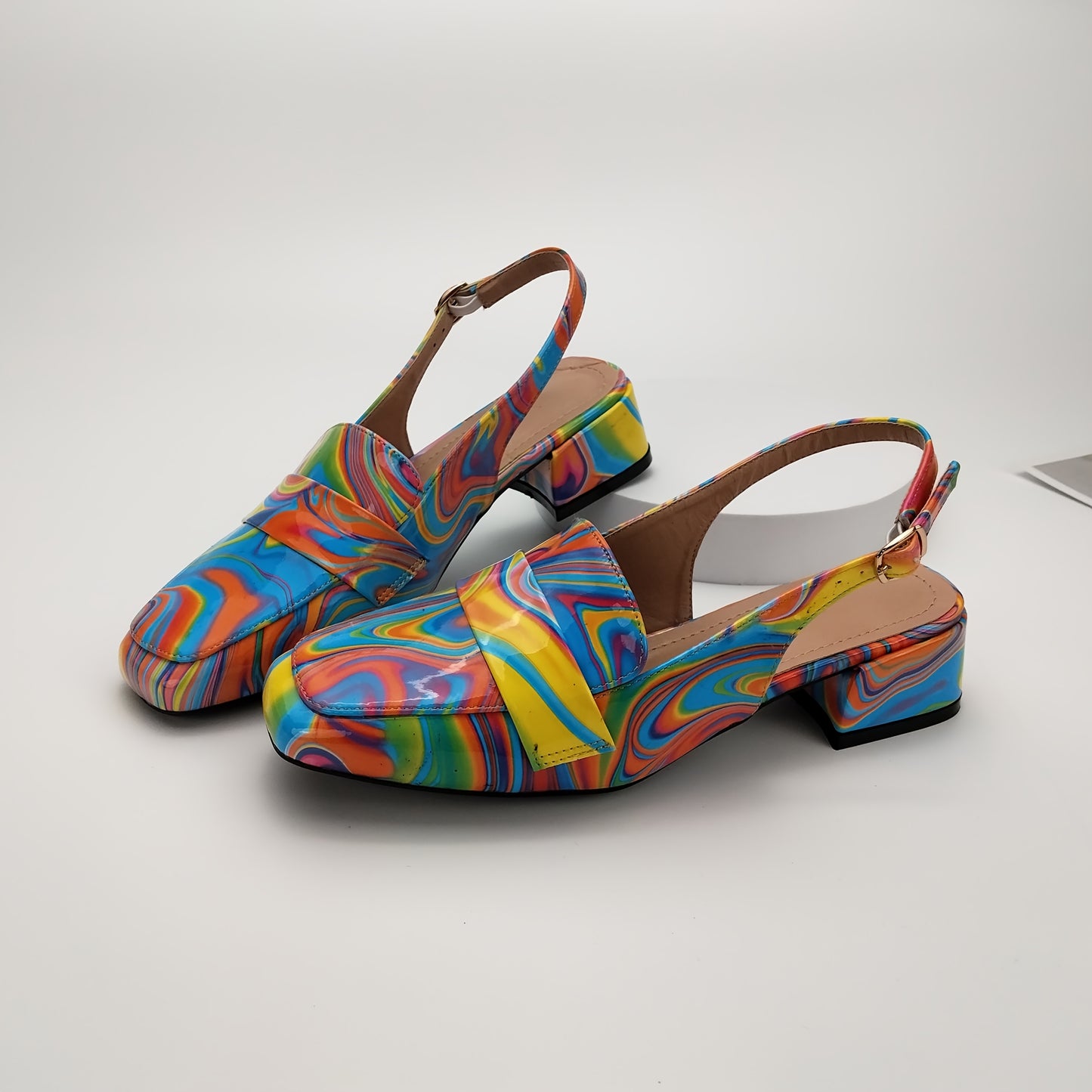 Women'S Stylish Summer Block Heel - Colorful Abstract Print, Square Toe, Mid-Height, Synthetic Upper & Insole, TPU Sole, All-Season Footwear, Fashionable Footwear | Vibrant | Durable Footwear