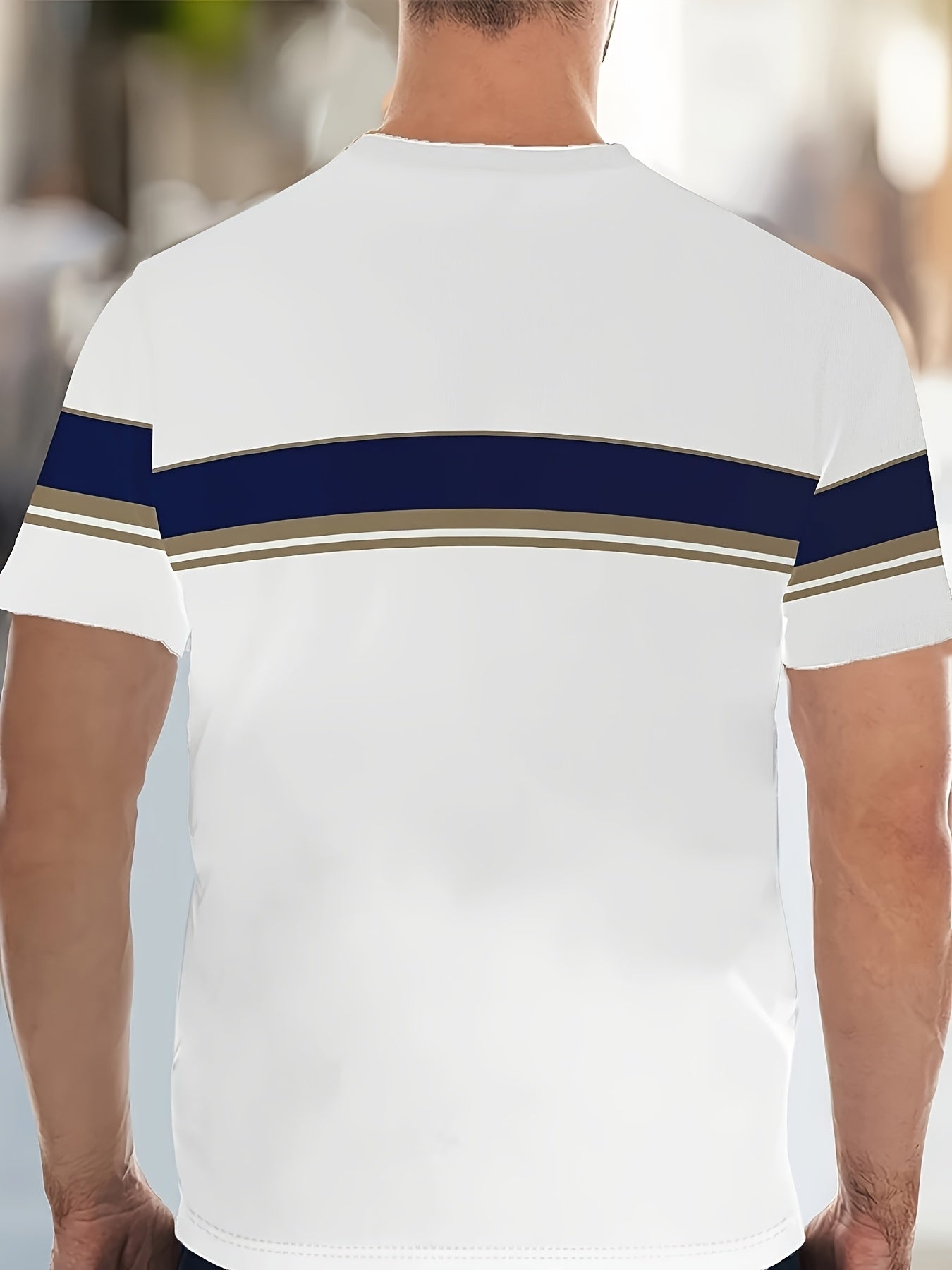 1 Set Of Men's Summer White Sports Casual Wear, Polyester Knitted Crew Neck T-shirt And Shorts Set, Breathable And Elastic, Sportswear, Striped, Suitable for Training And Leisure