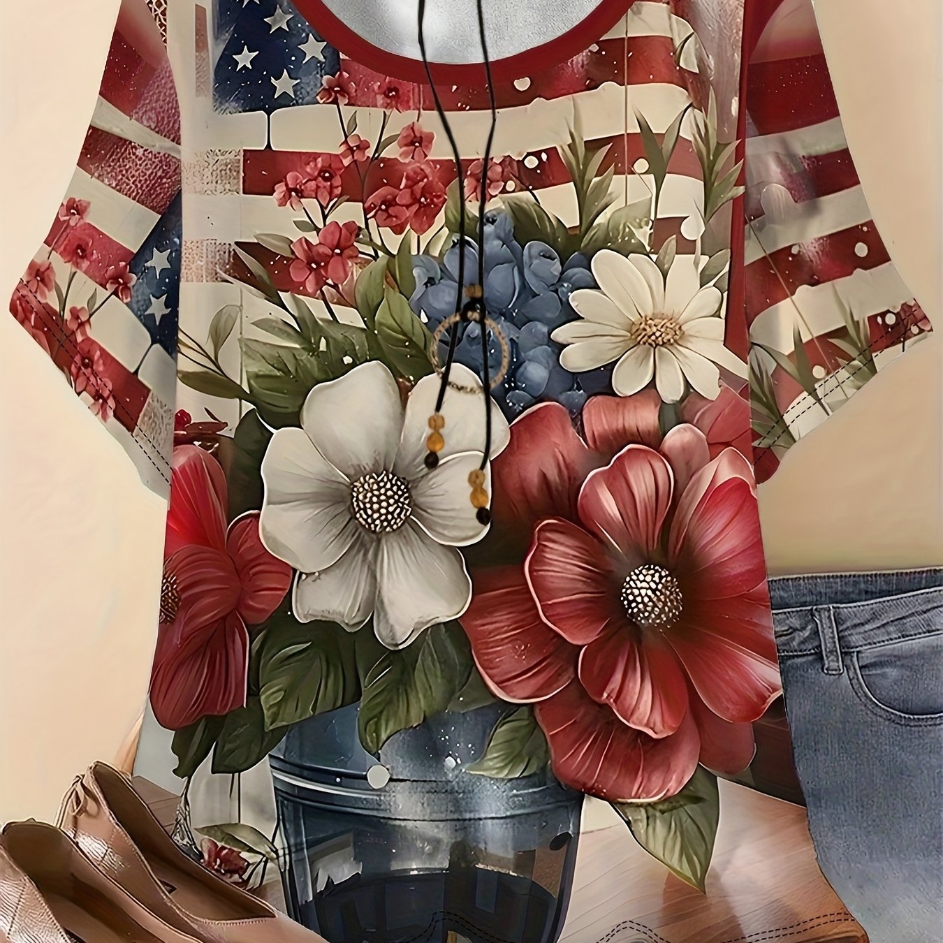 Women'S Plus-Size Floral T-Shirt, Casual Crew Neck, Short Sleeve, 3D American Flag Print, Summer Knit Polyester Top with Slight Stretch, 95% Polyester 5% Spandex, 180g/m² - Outdoor Clothing