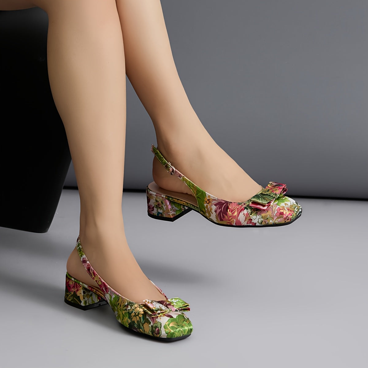 Elegant Floral Square Toe Women’s Sandals - Mid-Chunky Heel, Fabric Upper with Faux Cover Inner Lining, Rubber Sole, Perfect for Summer Outfits and Formal Events, High Heel Sandals