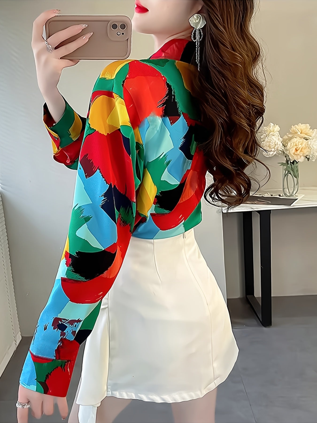 Women's Geometric Print Collar Blouse - Long Sleeve Button-Up Shirt with Vibrant Color Block Design, Fit & Machine Washable for Spring/Fall Casual & Formal Wear, Elegant Fashion Top, Sophisticated Pattern