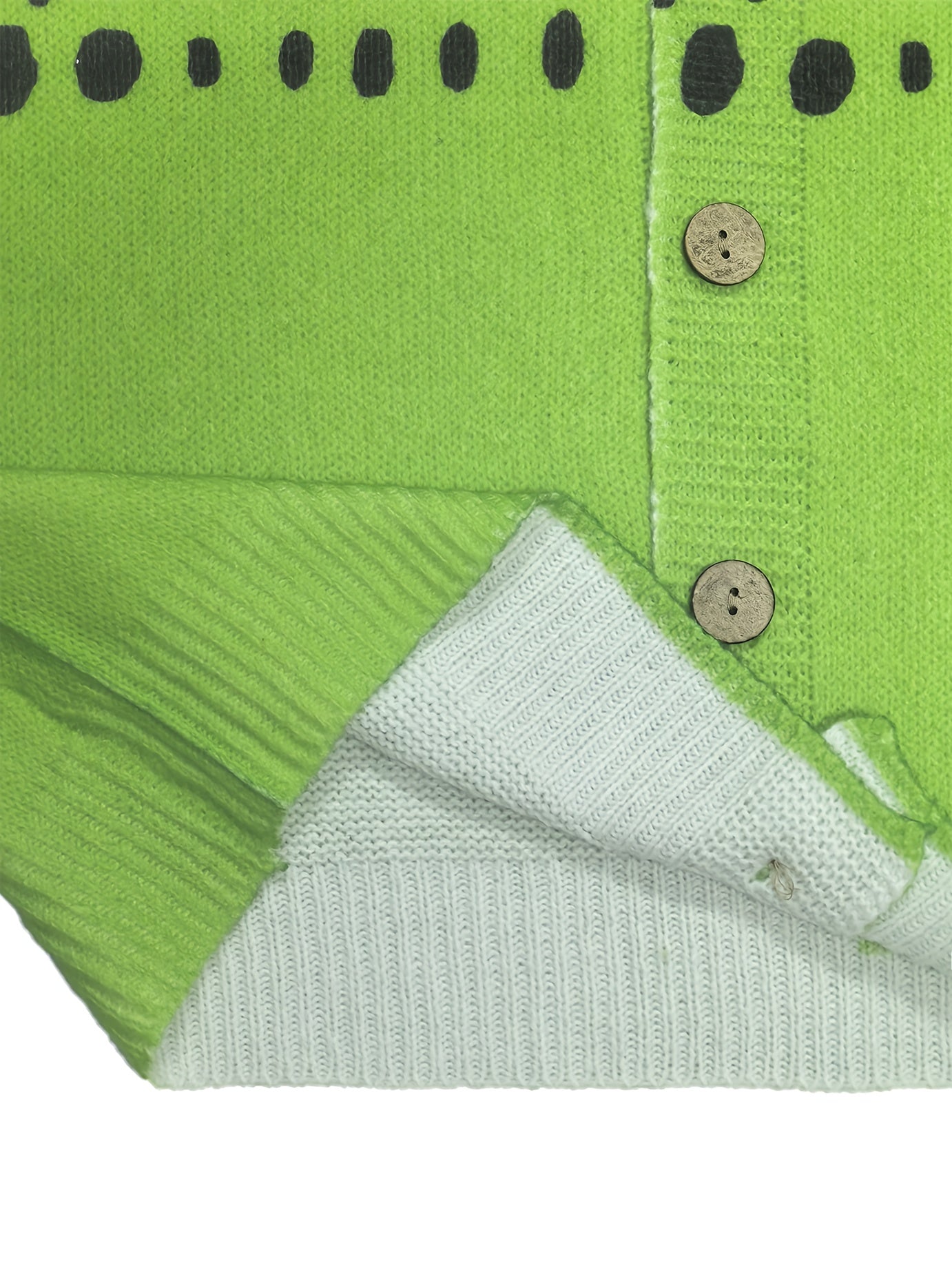Women'S Stylish Green and White Polka Dot Cardigan - Round Neck, Button-Up Knit Sweater, Layered Design, Long Sleeves, Shiny Finish - Perfect for Casual or Younger Style Attire, Casual Wear|Layered Cardigan|Polyester Fabric