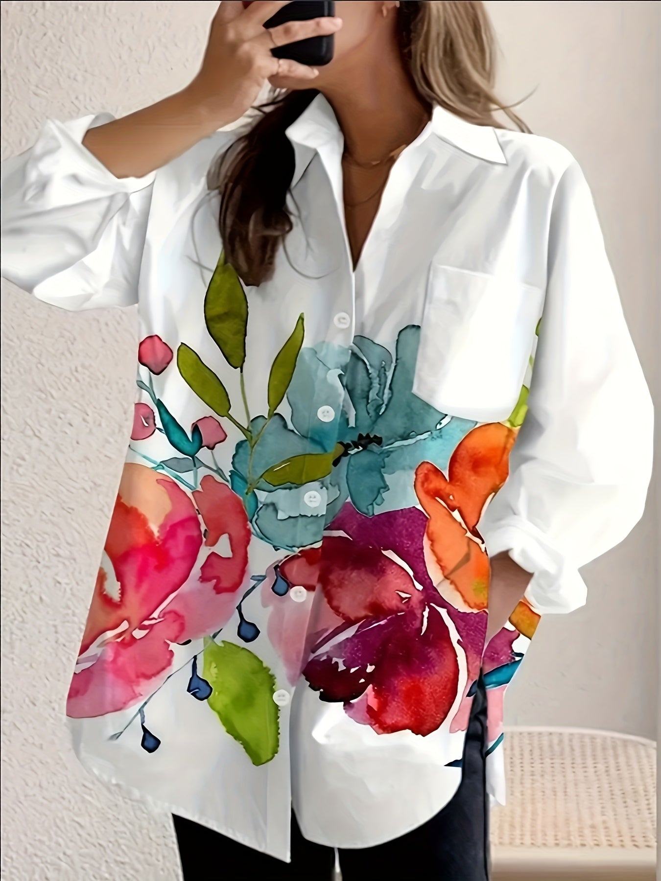 Women's Vibrant Floral Print Button-Up Shirt - Casual Long Sleeve with Turn- Collar, Machine Washable, All-Season Elegance, White Base with Colorful Flower Design, Casual Wear | Loose Fit Blouse | Nonelastic Fabric