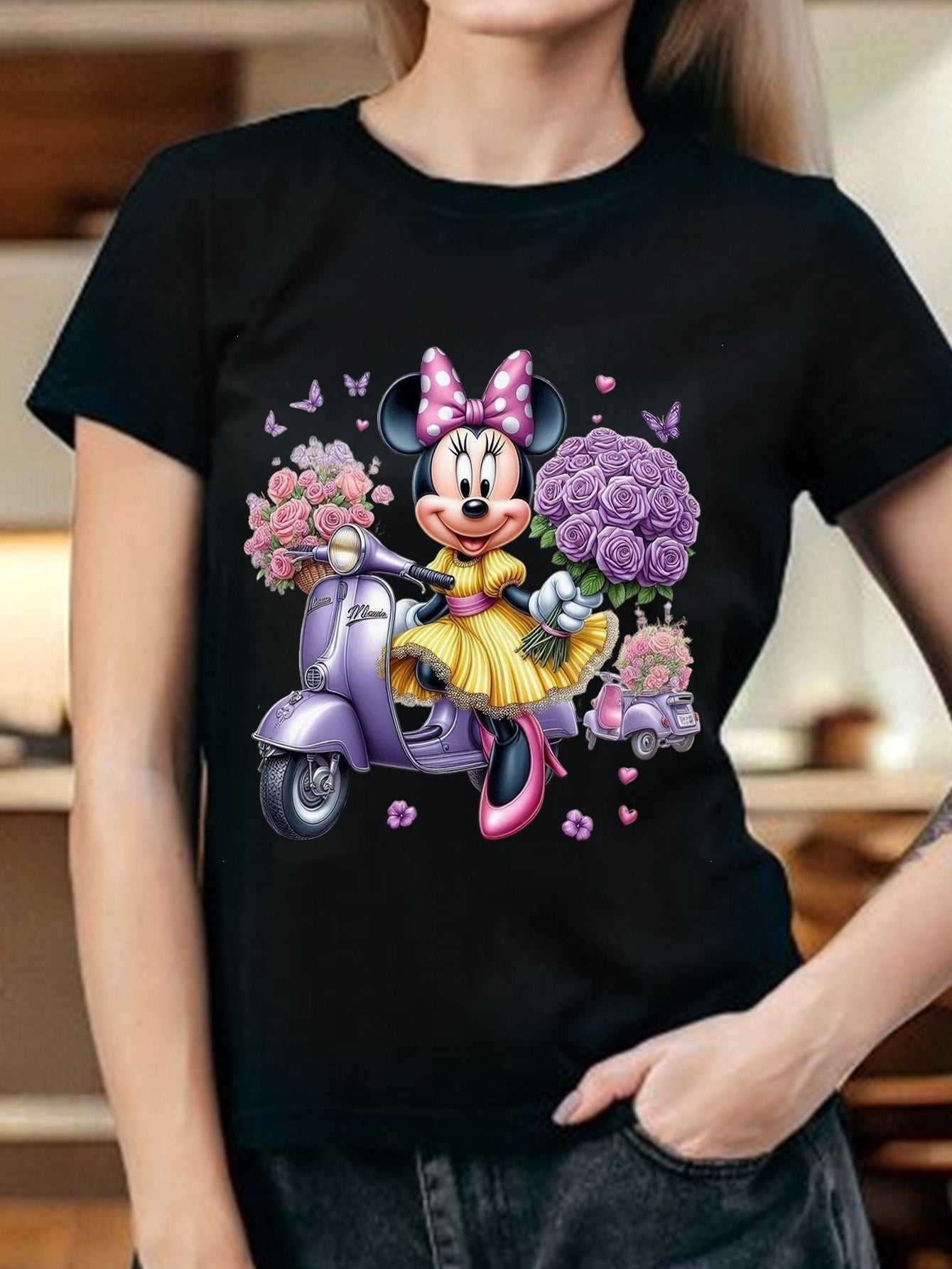 Disney Mickey & Minnie Series Women's Short Sleeve T-Shirt - 100% Cotton Cute Cartoon Print with Purple Scooter, Flowers & Butterflies - All-Season Comfort for Hiking, Date Night, Casual Outfits (S-XXL), Casual Wear Tshirt |