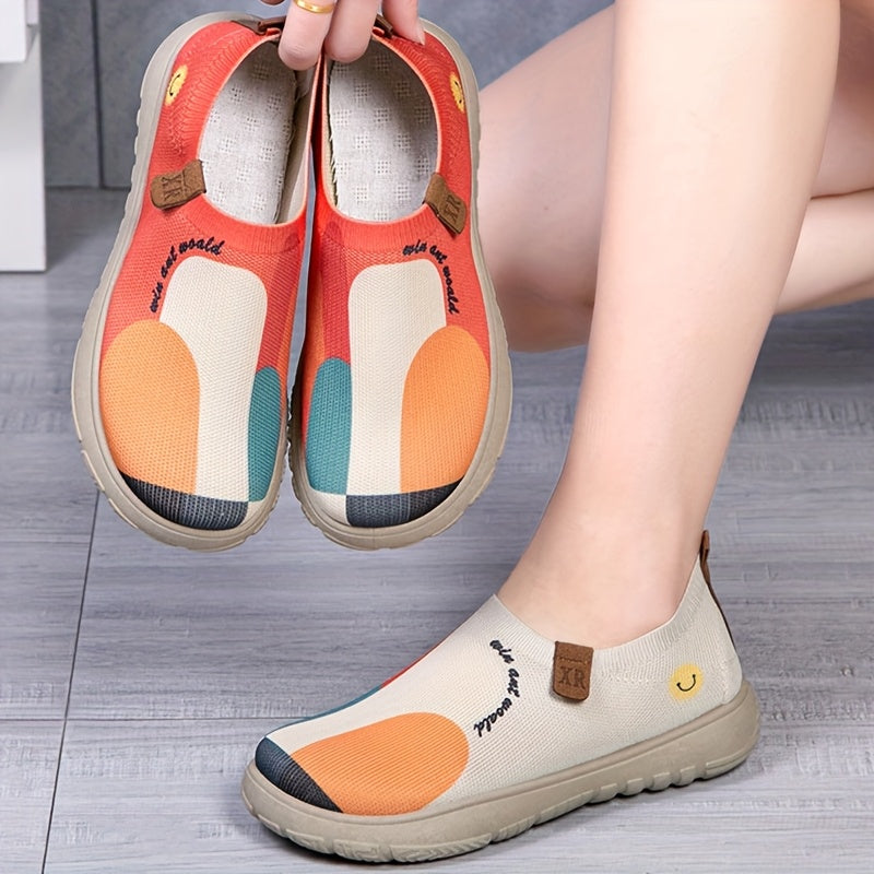 New Spring And Autumn Canvas Shoes, Casual Knitted Sports Painted Flats, Breathable Soft Sole Stylish Slip-On Women'S Shoes.