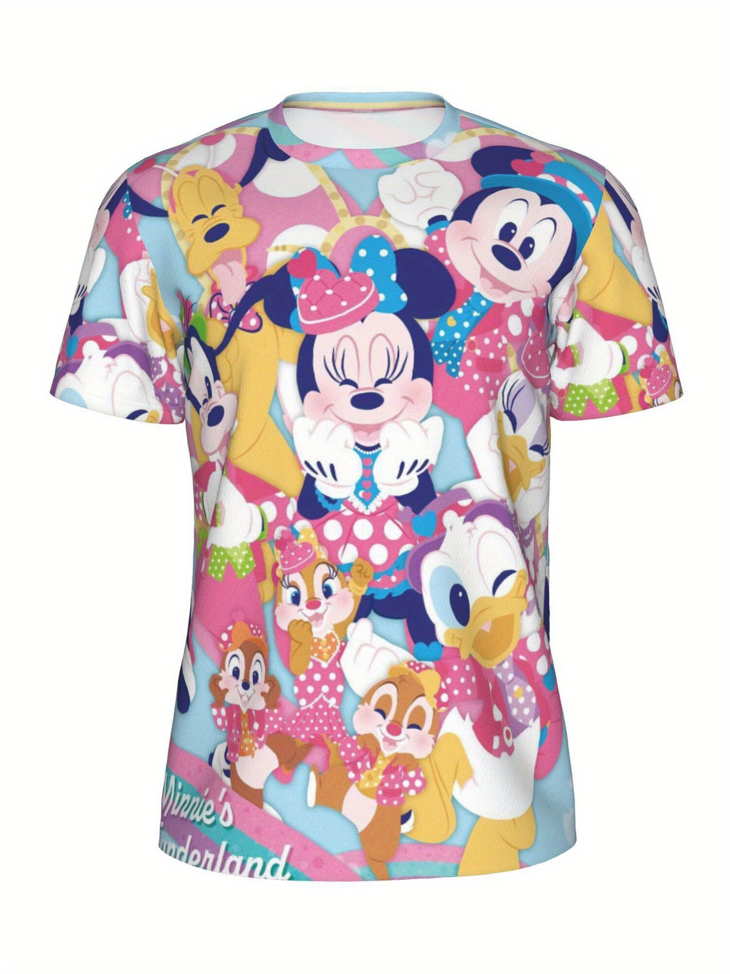 1pc Men's Disney Minnie Mouse 3D Print T-Shirt - Vibrant Cartoon Design, Short Sleeve Round Neck, Machine Washable, Beach Pool Surfing Vacation Casual Wear, All-Season Comfort, Poolside Fashion, Playful Style, Durable Clothin