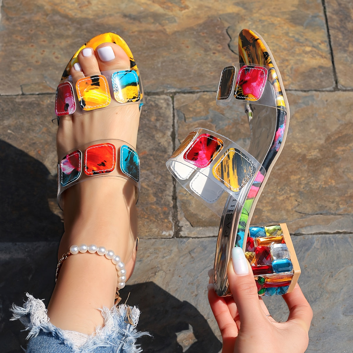 Women's Colorful Mosaic Print Slip On Sandals with Double Ankle Straps and Block Heels for Summer Casual Outings and All Season Wear