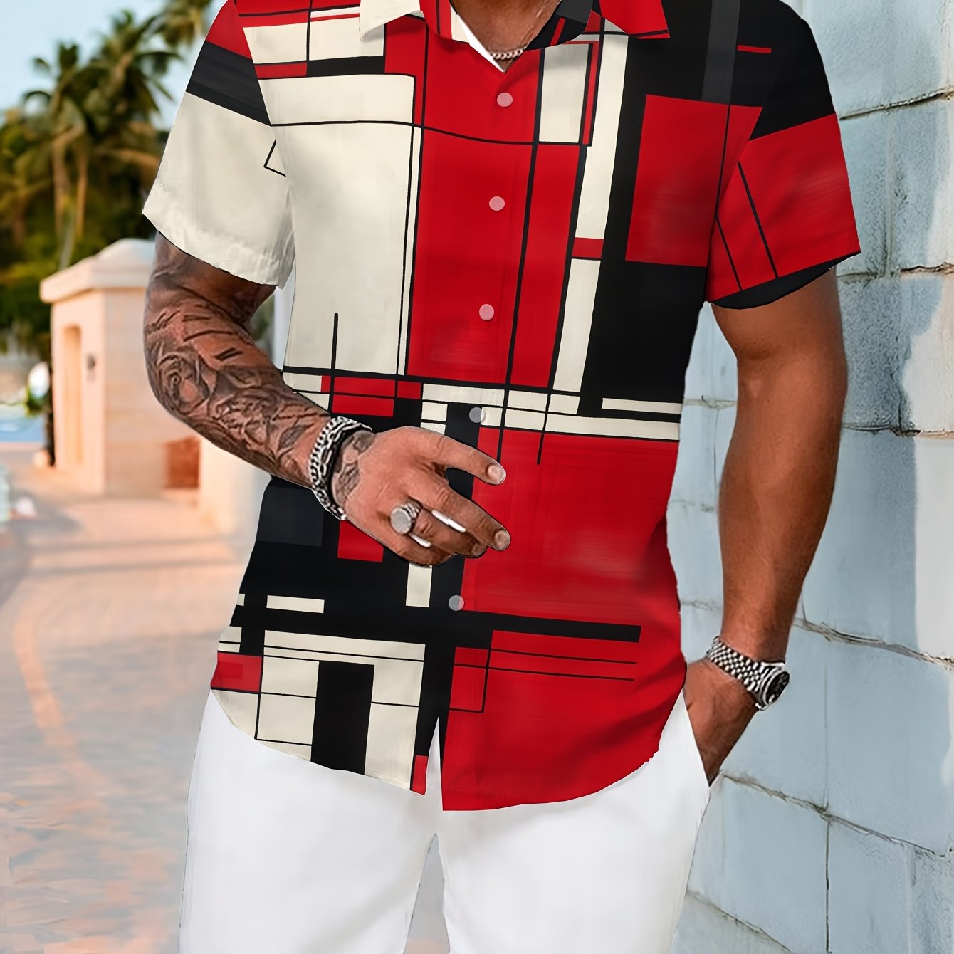 Men's Casual Short-Sleeve Shirt | Multi-Color Geometric Print | Polyester, Non-Stretch Fabric | Machine Washable | Summer Fashion with Turn- Collar & Button Details | Ideal for Daily Wear, Short Sleeve Tops