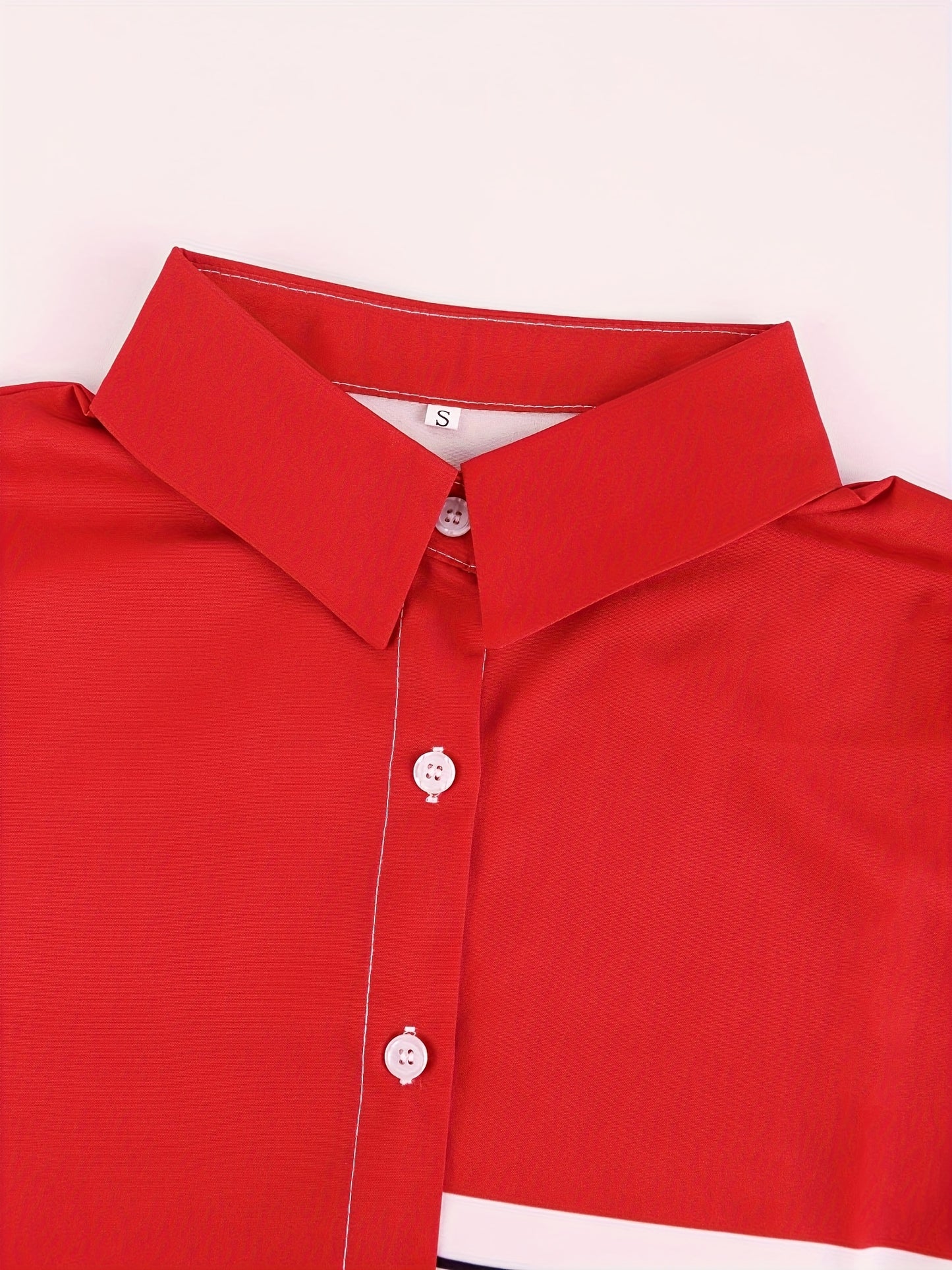 Women'S Casual Striped Button-Up Shirt - Red & White Vertical Stripes, Short Sleeve, Collar, Lightweight Polyester, Perfect for Spring/Fall, Ladies T Shirts