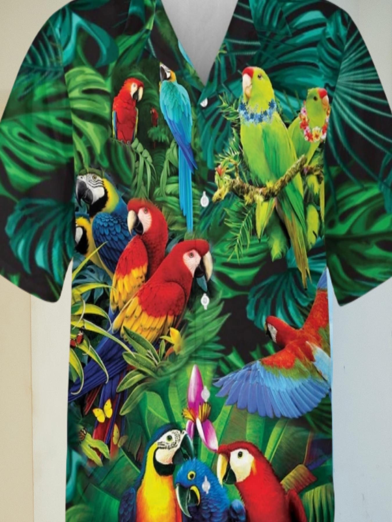 Men's Hawaiian Shirt - Tropical Parrot & Foliage Print, Unisex Loose Fit Short Sleeve Button-Up, Breathable Lightweight Fabric for Beach Vacation & Casual Summer Wear, Machine Washable, Romantic Resort Attire, Semitransparent