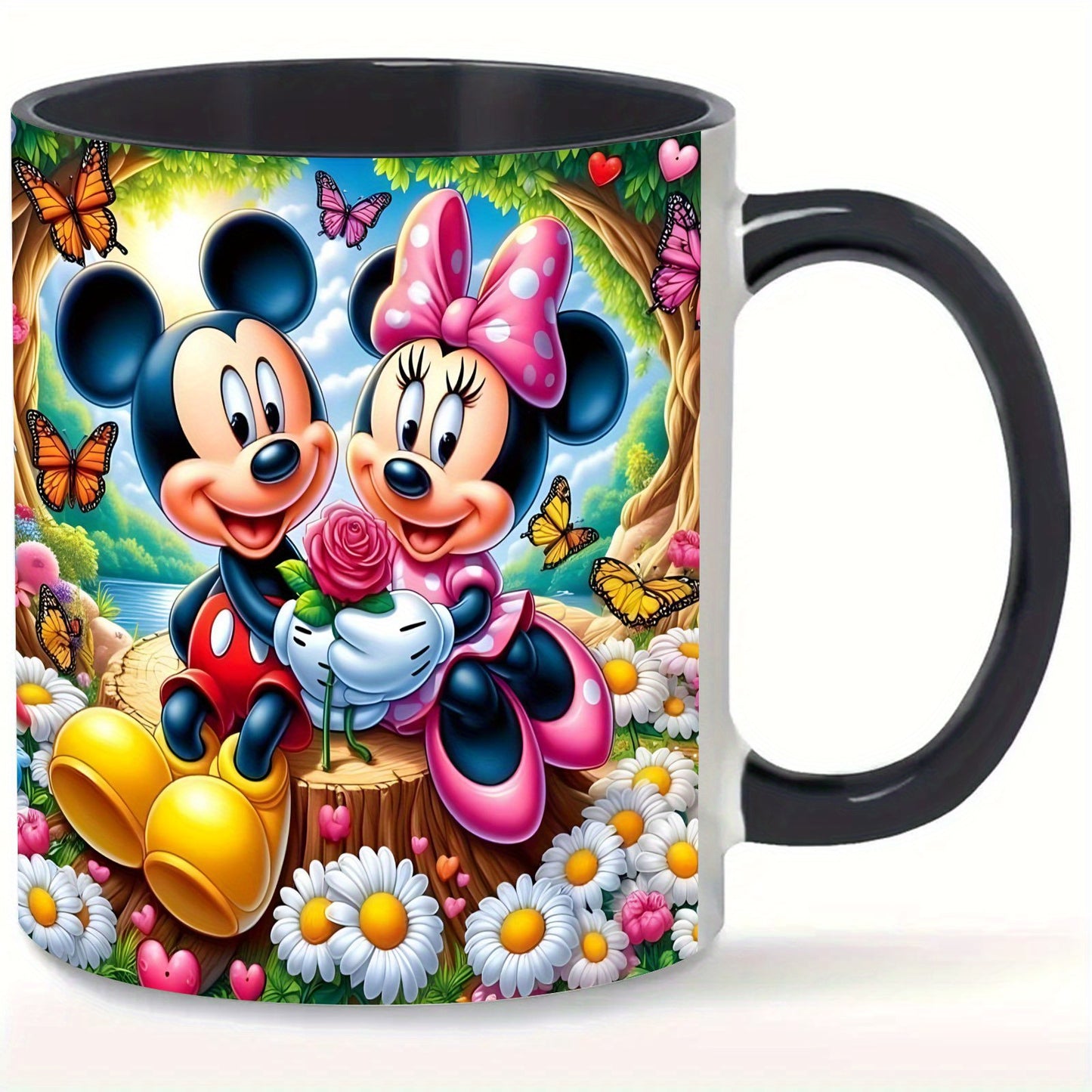 1pc Disney Mickey & Minnie Mouse 11oz Mug - Vibrant Tropical Design with Flowers, Butterflies & Hearts - Durable Coffee Tea Cup for Home, Office, Restaurants - Perfect Birthday Easter Gift for Disney Fans