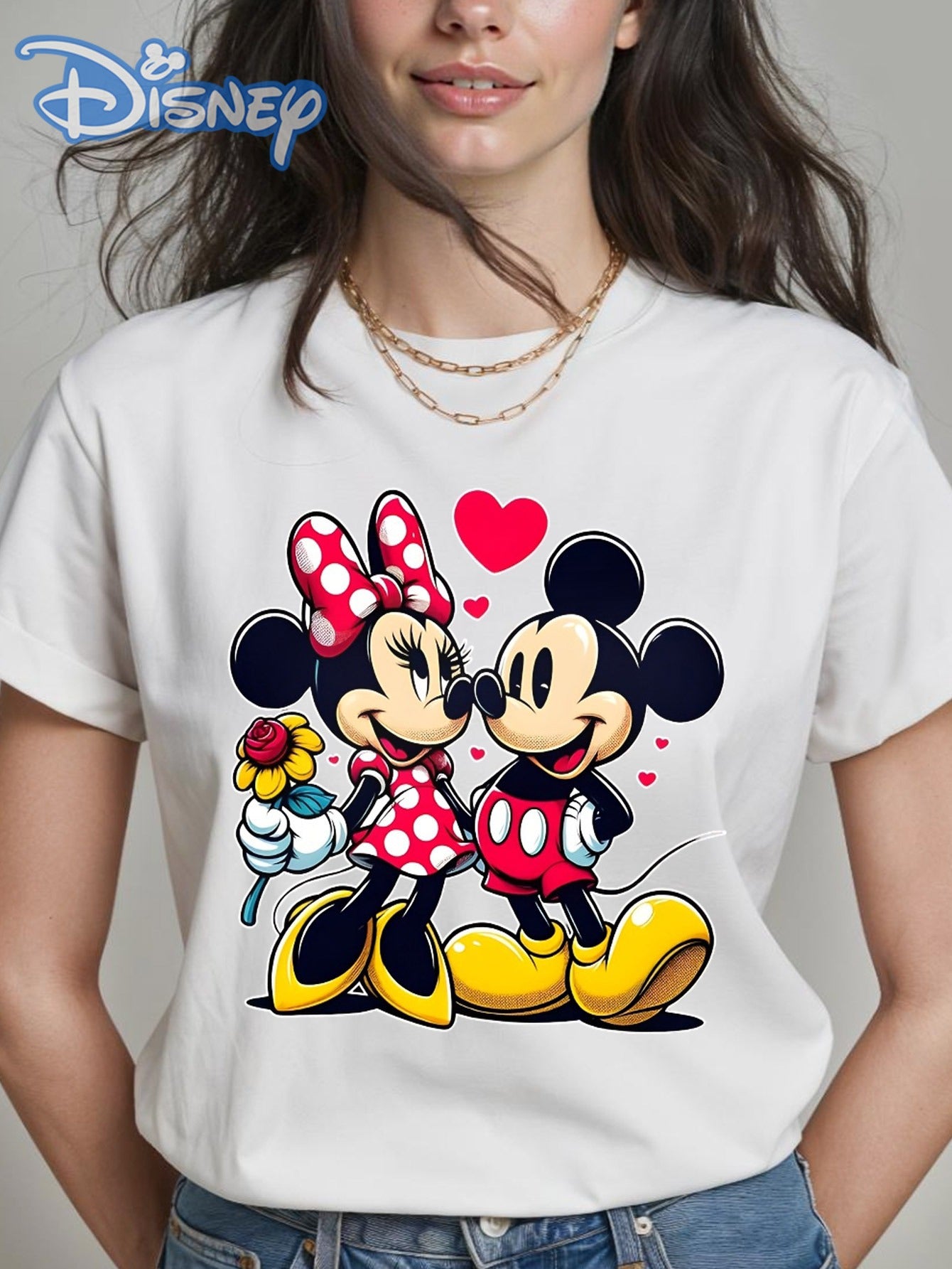 Disney Licensed Minnie & Mickey Mouse Love Print Women's T-Shirt - 100% Cotton Soft Breathable Crew Neck Tee with Heart & Rose Design, Cute Casual Summer Top for Daily Wear & Workouts, Sizes S-XXL, Disney Shirts