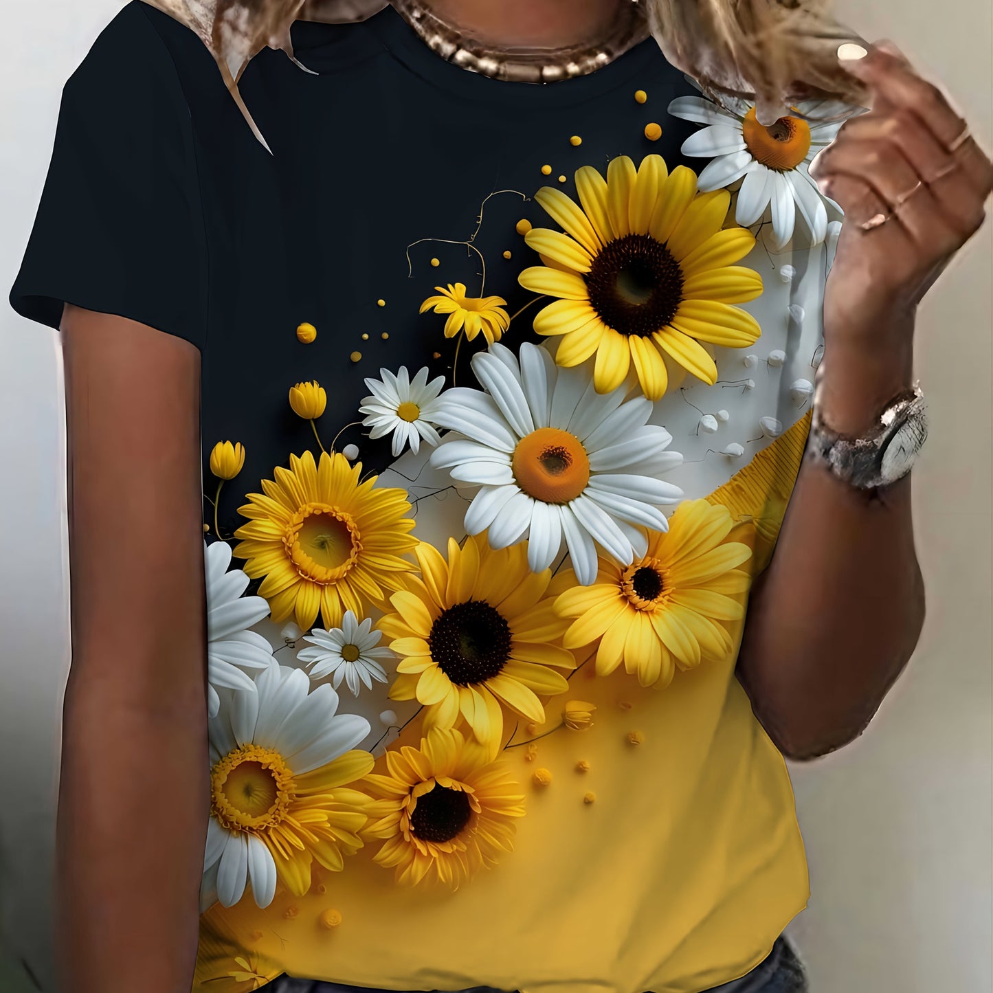 Women'S Sunflower Floral Print T-Shirt - Black & Yellow Contrast Color Block Design, Round Neck Casual Top, Breathable Machine-Washable Fabric, Spring Summer Fashion Gift, Seasonal Gift Clothing, Elegant Digital
