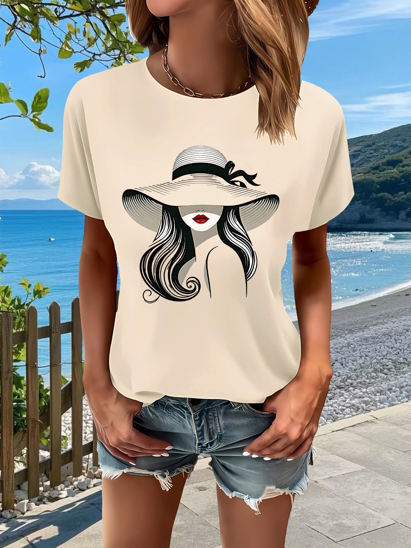 Hat Lady Gift 1pc New Women'S Summer T-Shirt, Printed, Short Sleeved Top, White, Red, Black, Green, Pink, Gray, Apricot, for Home, Outdoor, Party, Sports, Work, Vacation