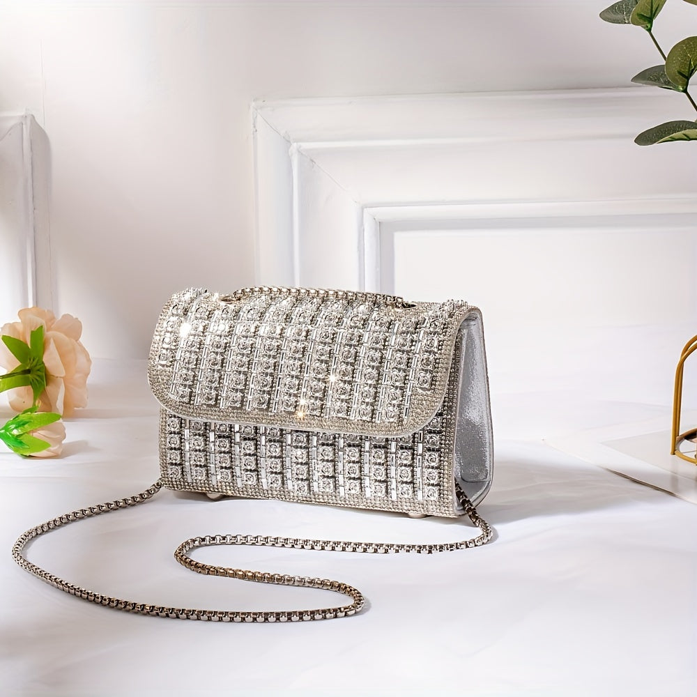 Double-Sided Water Drill Ladies' Evening Clutch - Luxurious Chain, Shiny Handbag Wallet, Stylish Shoulder Bag for Parties, Weddings