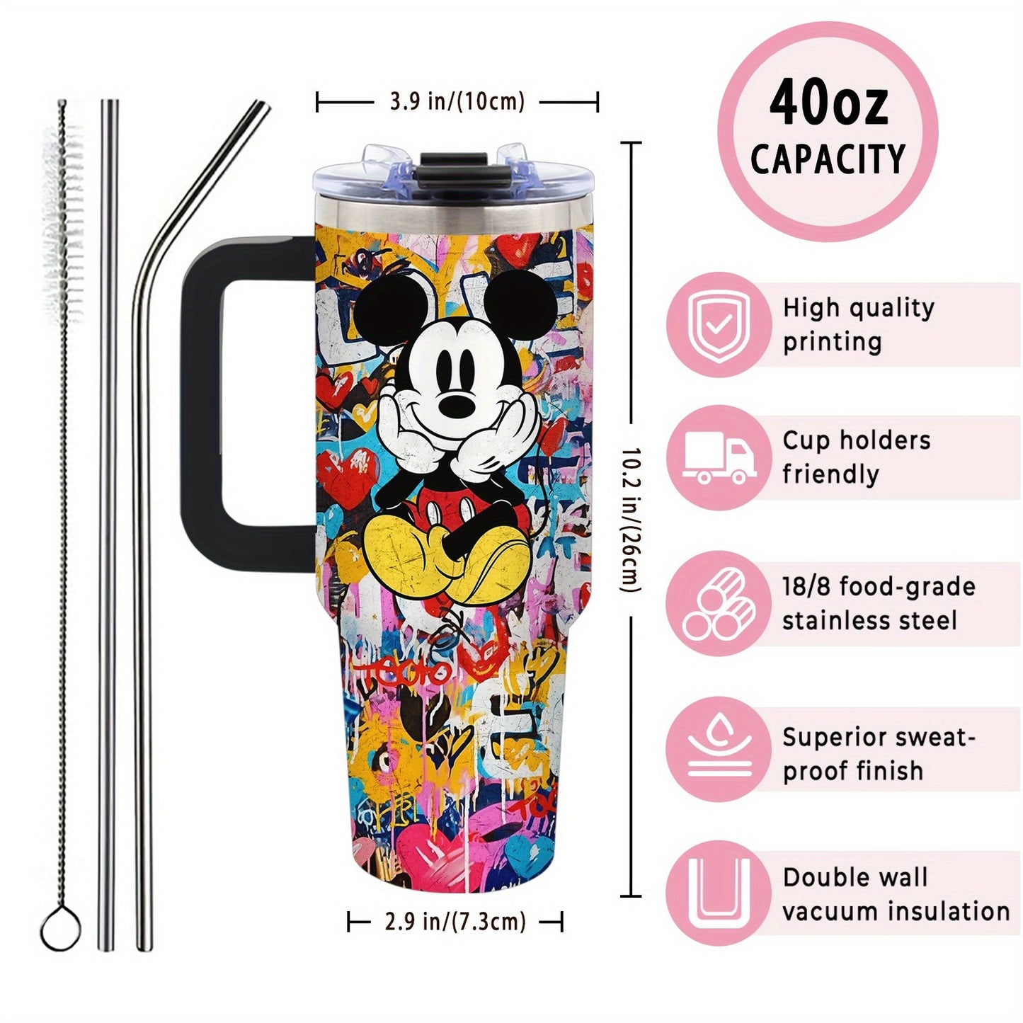 40oz Disney Mickey Mouse Stainless Steel Tumbler with Lid & Straw, BPA-Free, Vibrant Inkjet Design, Keeps Drinks Hot or Cold, Perfect for Camping, Indoor Use, and Gifts, Indoor Beverage Cup | Playful Graphic Cup | Easygrip Ha