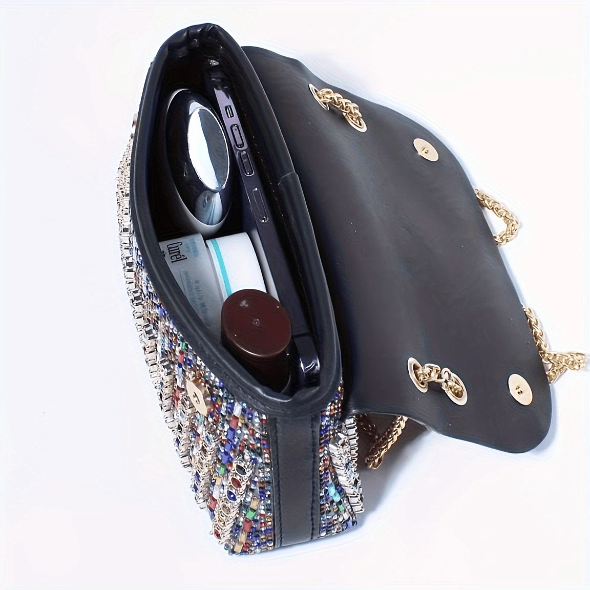 Luxurious Rhinestone and Beaded Women’s Evening Clutch Elegant Multicolor PU Handbag with Adjustable Strap and Golden Tone Hardware for Banquets Weddings and Formal Events