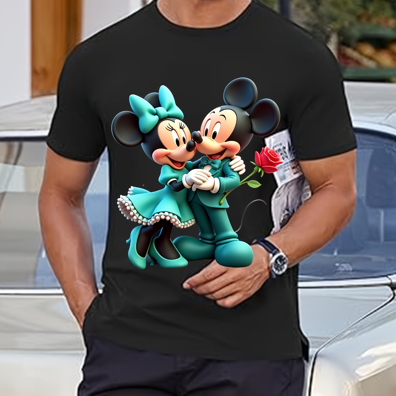 Disney Official Mickey & Minnie Romantic Rose Design 220g Cotton T-Shirt - All-Season Crew Neck Short Sleeve Tee with Umbrella Hem, Regular Fit for Men & Women, Casual & Sportswear, Everyday Tshirt | Playful Design | Comforta
