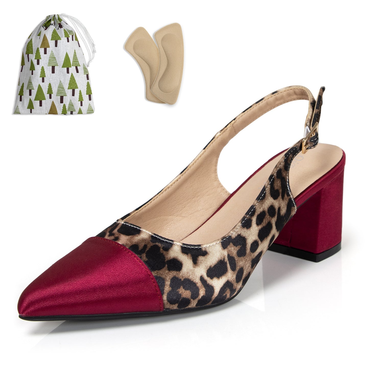 Women's Wine Red Leopard Print Slingback High Heel Pumps 2.36 Inch Chunky Block Heel Pointed Toe Comfortable Fabric and PU Cover Versatile for Summer Parties Casual Outings Office Ideal Gift for Fashion Women