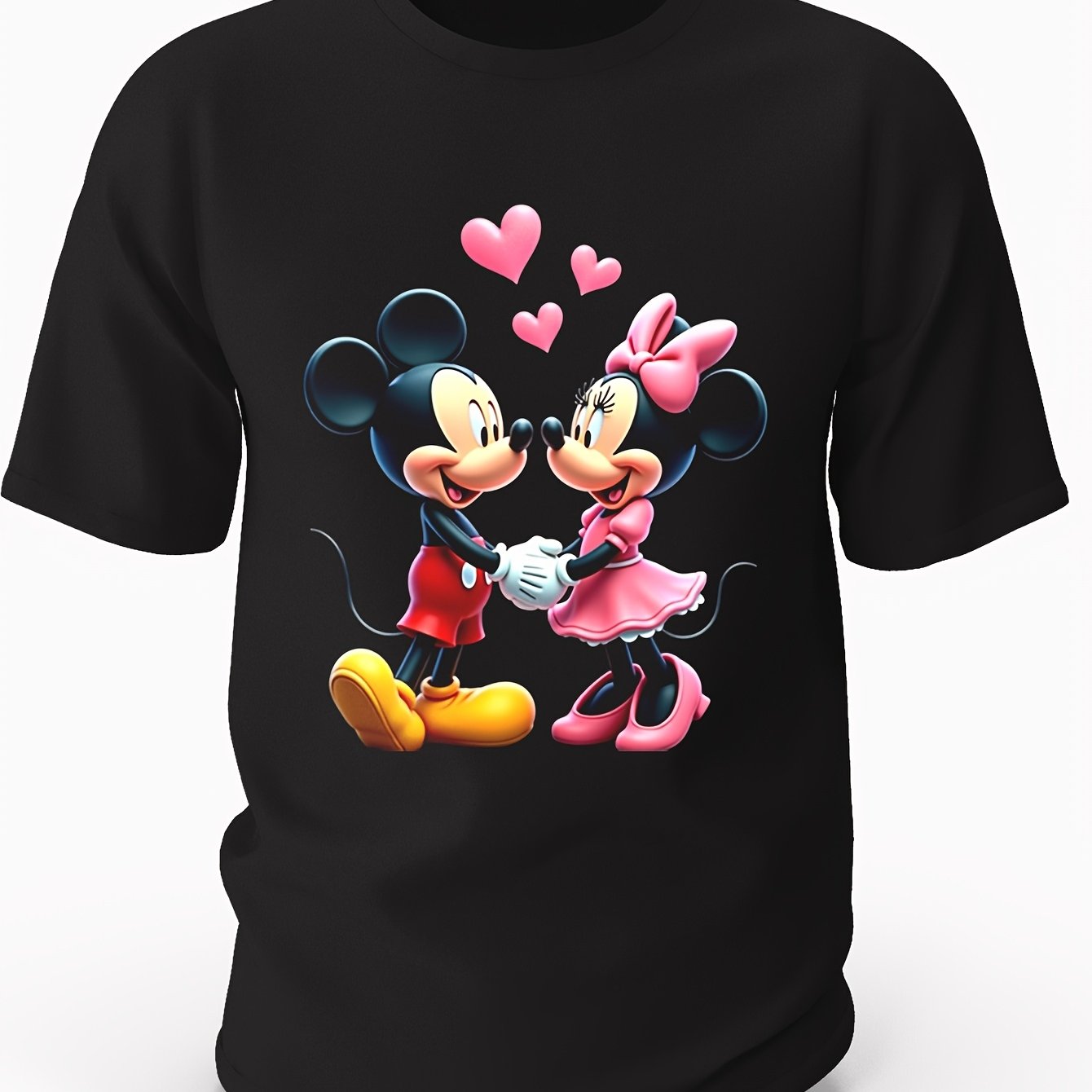 Mickey and Minnie Mouse Love Graphic Cotton T-Shirt - All-Season Crew Neck, Short Sleeve, 220g/m², Black with Vibrant Mickey & Minnie Design, Casual Sporty Style, Hand Wash Only, Sporty Tshirt | Romantic Print Shirt | Durabl