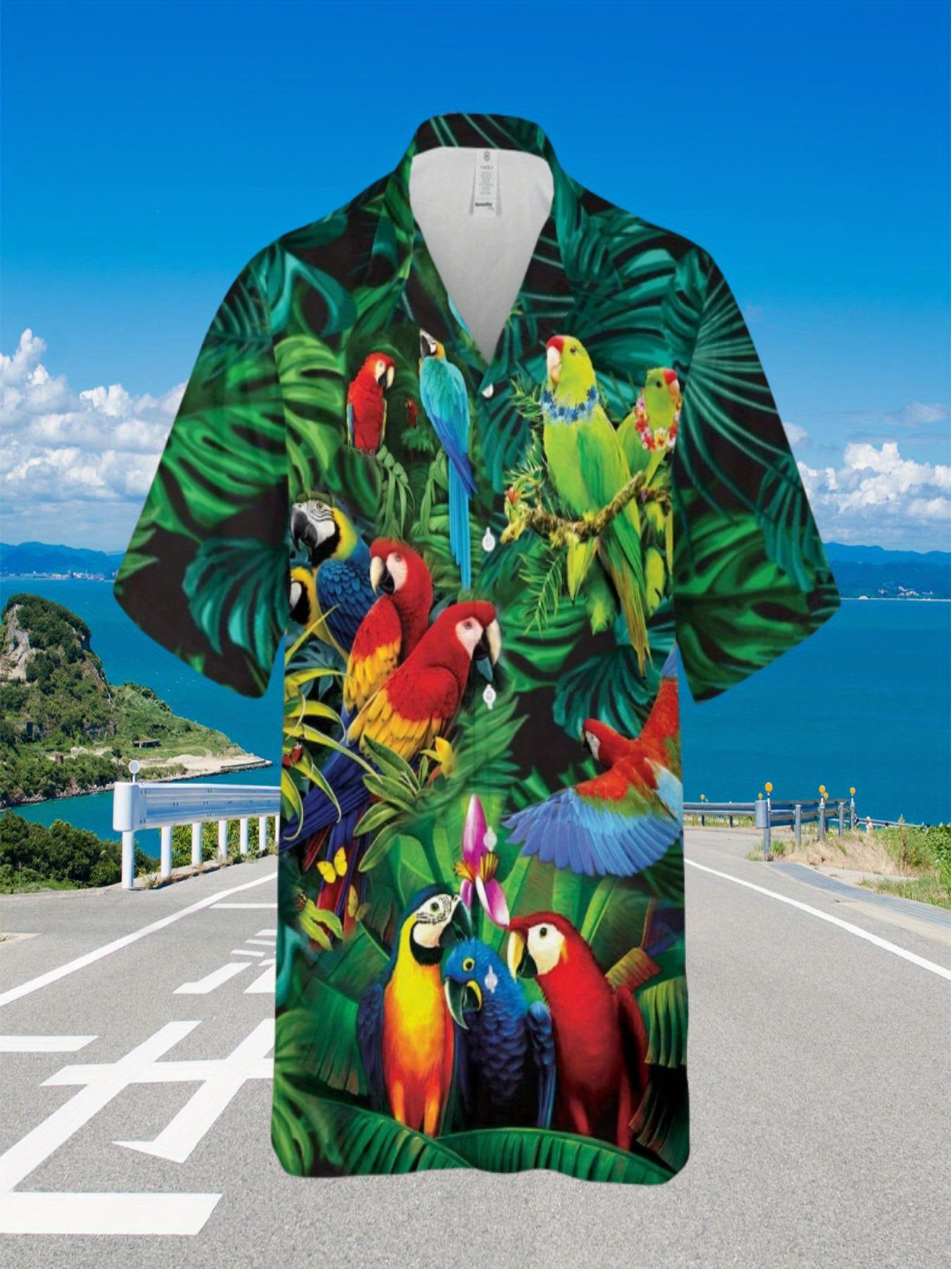 Men's Hawaiian Shirt - Tropical Parrot & Foliage Print, Unisex Loose Fit Short Sleeve Button-Up, Breathable Lightweight Fabric for Beach Vacation & Casual Summer Wear, Machine Washable, Romantic Resort Attire, Semitransparent