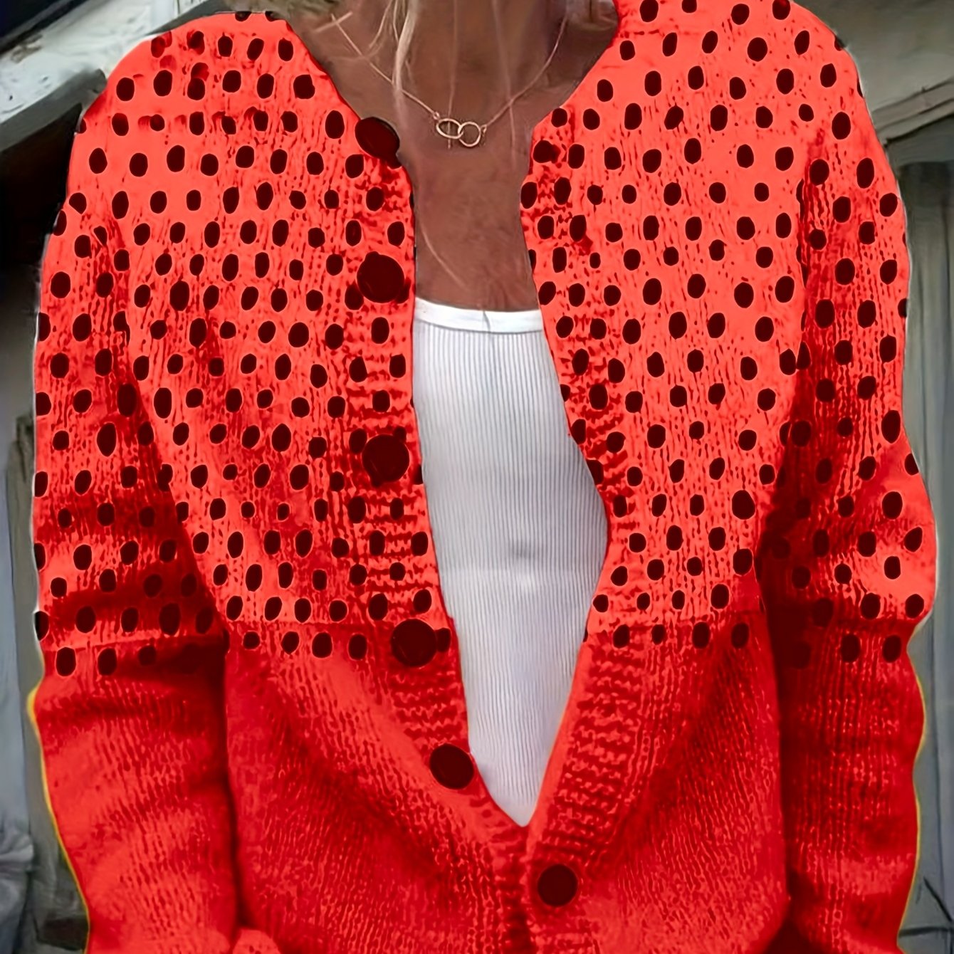 Plus Size - Women'S Plus Size Casual Red & White Polka Dot Print Cardigan - Lightweight Long Sleeve Open Front Button Sweater for Spring/Fall Layering, Hand Wash Only, Cardigan Sweater, Spring Outerwear, Trendy Knitwear, Text