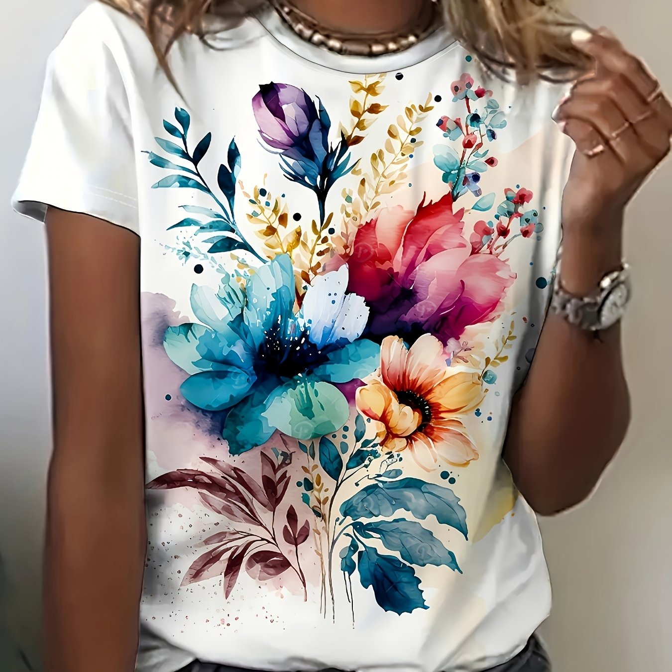 1pc Women'S Floral Print Short Sleeve T-Shirt, Casual Crew Neck Knit Top with Medium Stretch, Polyester and Spandex Blend, Regular Fit for Spring/Fall - Machine Washable