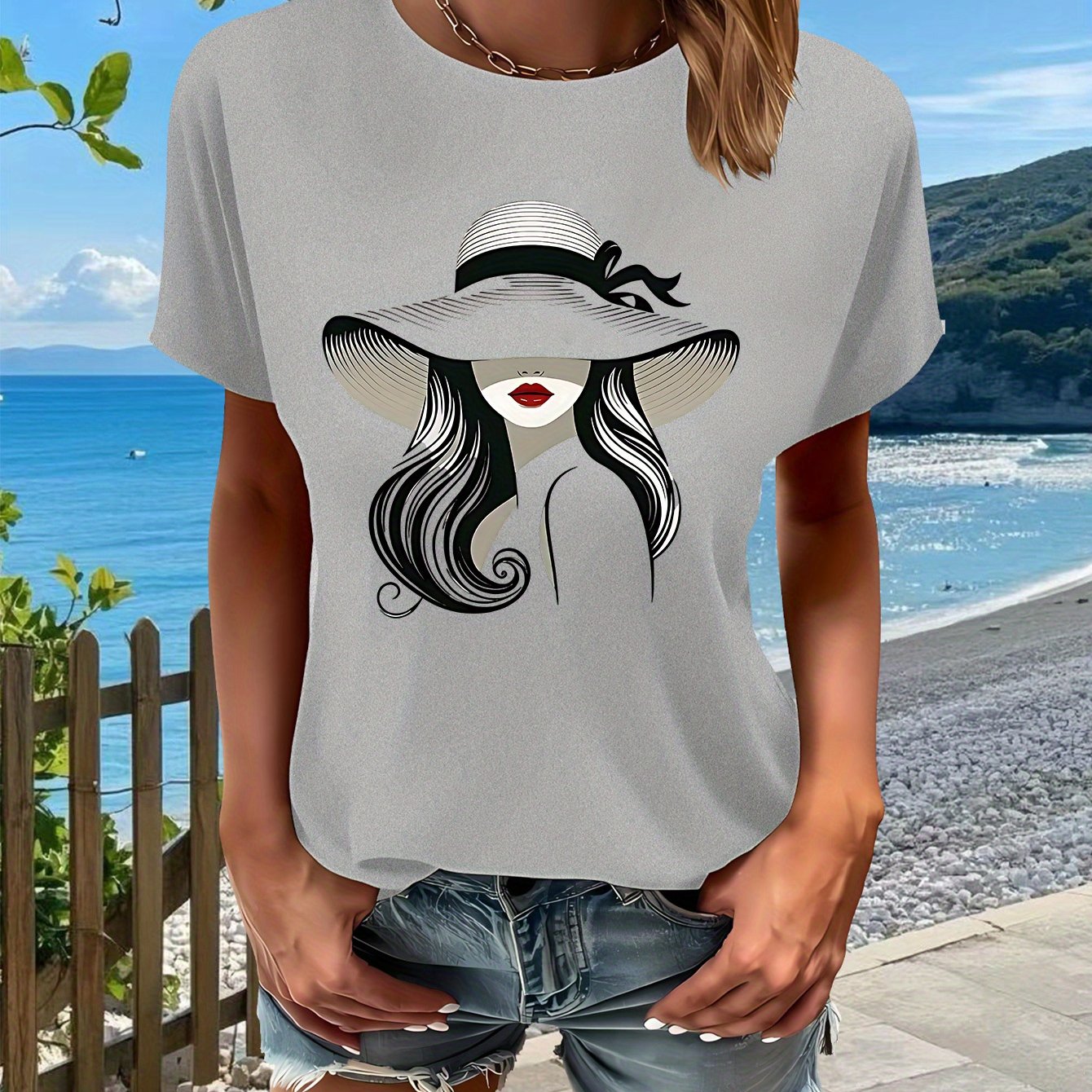 Hat Lady Gift 1pc New Women'S Summer T-Shirt, Printed, Short Sleeved Top, White, Red, Black, Green, Pink, Gray, Apricot, for Home, Outdoor, Party, Sports, Work, Vacation