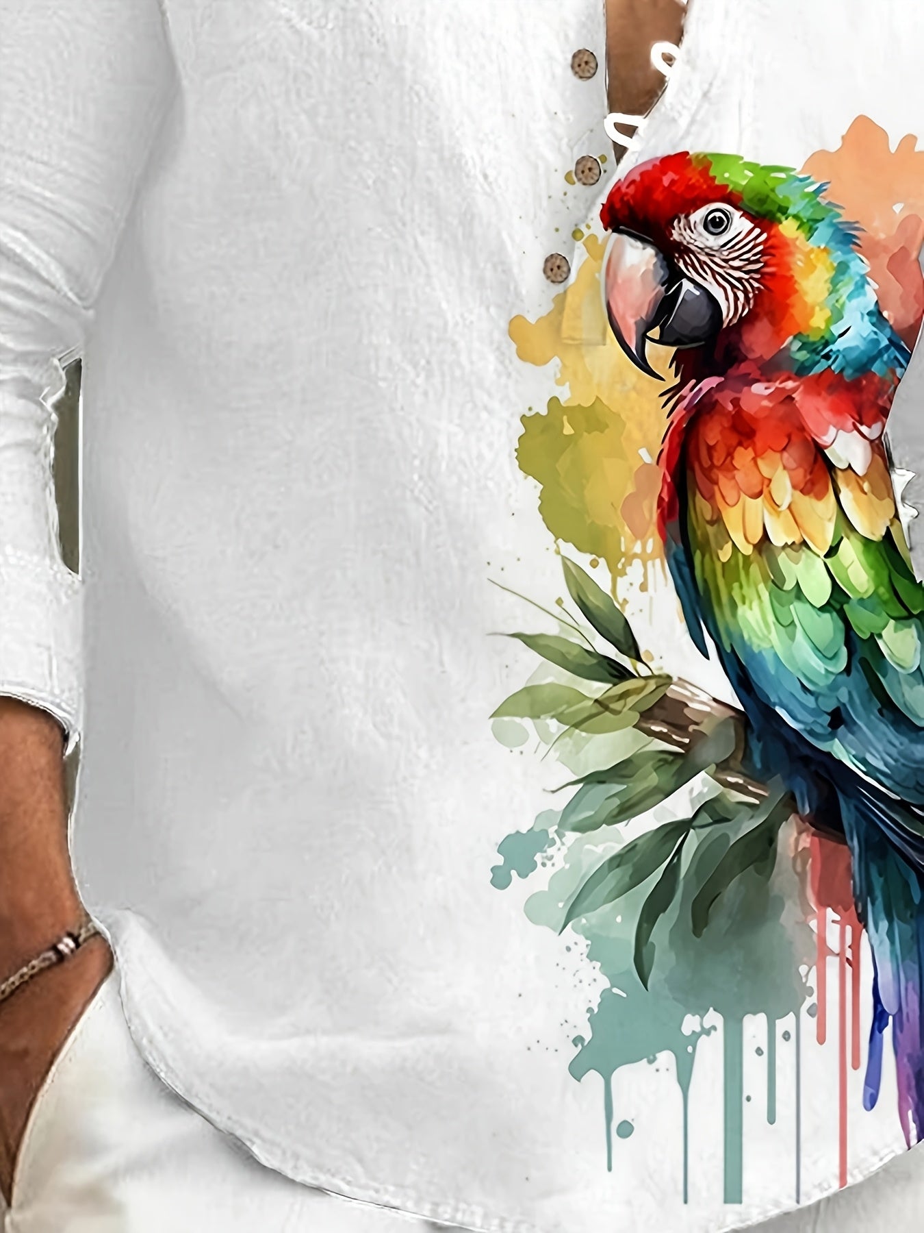Men'S Casual Long Sleeve Button-Up Shirt with Vibrant Parrot & Floral Print - White, Stand Collar, Mandarin Style, Perfect for Spring & Fall, Casual Attire, Casual Wear | Vibrant Print Shirt | Mandarin Collar Shirt