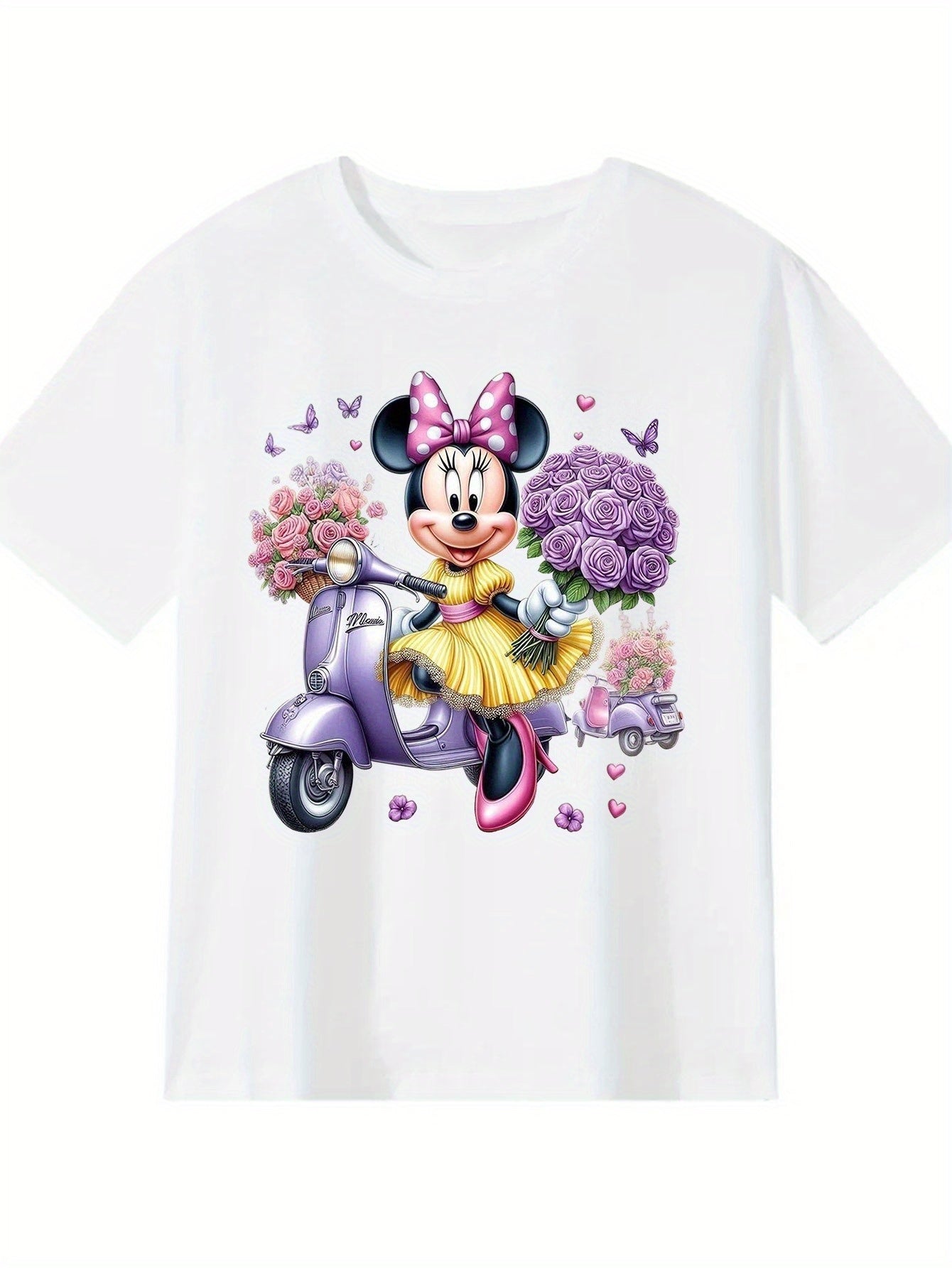 Disney Mickey & Minnie Series Women's Short Sleeve T-Shirt - 100% Cotton Cute Cartoon Print with Purple Scooter, Flowers & Butterflies - All-Season Comfort for Hiking, Date Night, Casual Outfits (S-XXL), Casual Wear Tshirt |