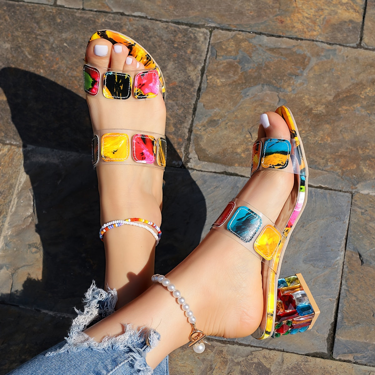 Women's Colorful Mosaic Print Slip On Sandals with Double Ankle Straps and Block Heels for Summer Casual Outings and All Season Wear