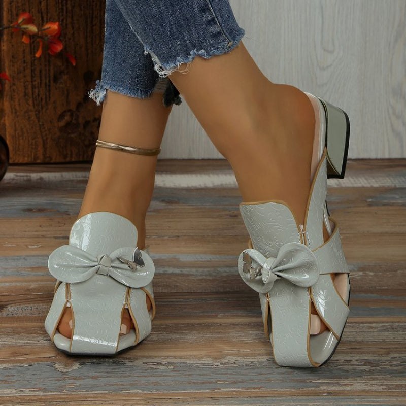 Women'S Summer Butterfly Open-Toe Slide Sandals - Low Heel, Solid Color, Rubber Sole, Faux Cover Upper, Bow Detail, Comfortable & Stylish for Casual Wear, Strappy Sandals
