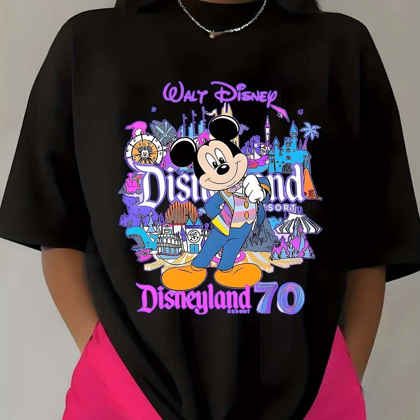 Disneyland 70th Anniversary Women's T-Shirt - Short Sleeve Round Neck Casual Top with Vibrant Disney Characters & Playful Graphic Design, Machine Washable Comfort Fit, Black & White, Holiday Gift for Family & Friends, Disney