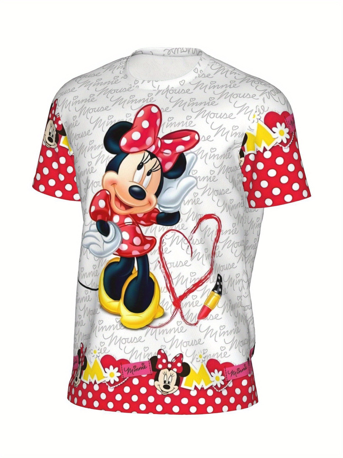 Plus Size Women's Disney Minnie Mouse Graphic T-Shirt - Lightweight Stretchy Short Sleeve Top with Polka Dots & Red Ribbons, Breathable Summer Casual Shirt for Fitness, Yoga, Outdoor Activities, Fitness Apparel, Vibrant Print