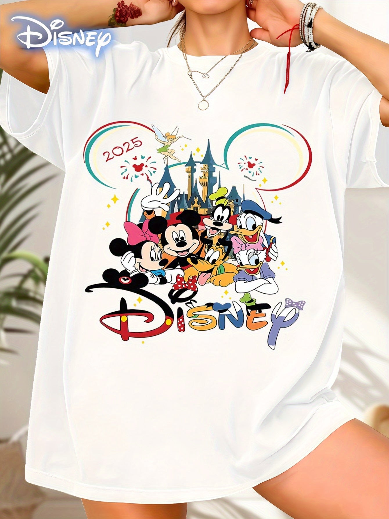 Plus Size, Disney Mickey & Friends 2025 Celebration Women's Plus Size T-Shirt - Soft Cotton Short Sleeve Tee with Cartoon Graphic Print, Fireworks & Cinderella Castle Design, Ideal Birthday Gift for Family & Friends, Casual &
